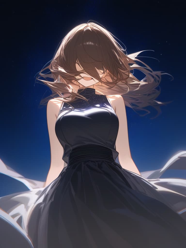  a girl who is laughing at me, bright brown hair, long hair, transparent fleeting, facing here, laughing, under the starry sky, facing here, i am looking at me, from the waist, i wear a white cardigan from above the black sleeveless dress, masterpiece, best quality,8k,ultra detailed,high resolution,an extremely delicate and beautiful,hyper detail