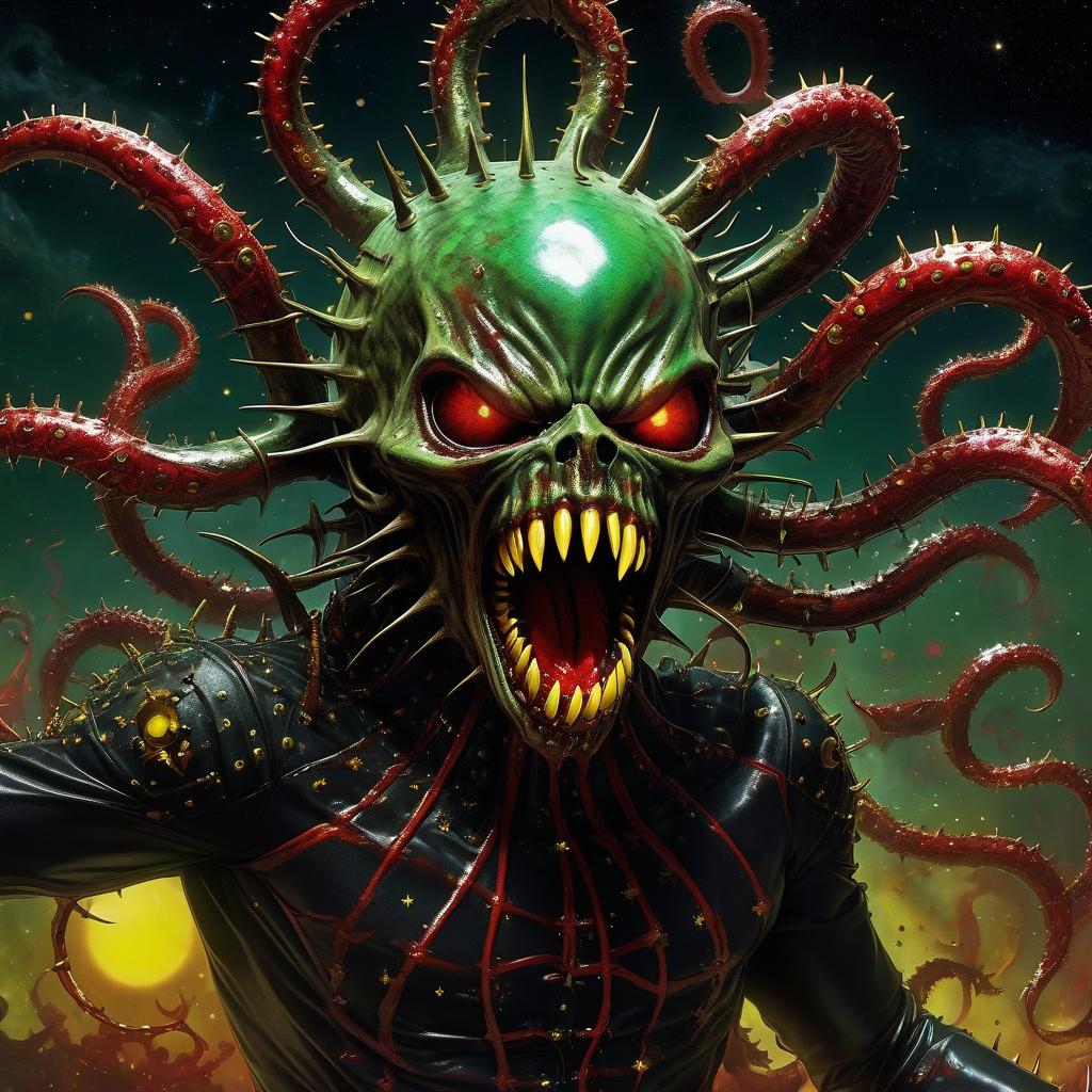  space themed the demon ghoul (hellraiser) entangled with tentacles and protruding pins bared the mouths and pours red mucus on the clawed paws. yellow smoke green rings spikes white fire stars and sparks anime horror black drops thorns . cosmic, celestial, stars, galaxies, nebulas, planets, science fiction, highly detailed