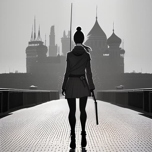  A girl holding a Kalashnikov rifle is in the foreground, with the Kremlin in the background., (Manga Style, Yusuke Murata, Satoshi Kon, Ken Sugimori, Hiromu Arakawa), Pencil drawing, (B&W:1.2), Low detail, sketch, concept art, Anime style, line art, webtoon, manhua, chalk, hand drawn, defined lines, simple shades, simplistic, manga page, minimalistic, High contrast, Precision artwork, Linear compositions, Scalable artwork, Digital art, High Contrast Shadows hyperrealistic, full body, detailed clothing, highly detailed, cinematic lighting, stunningly beautiful, intricate, sharp focus, f/1. 8, 85mm, (centered image composition), (professionally color graded), ((bright soft diffused light)), volumetric fog, trending on instagram, trending on tumblr, HDR 4K, 8K