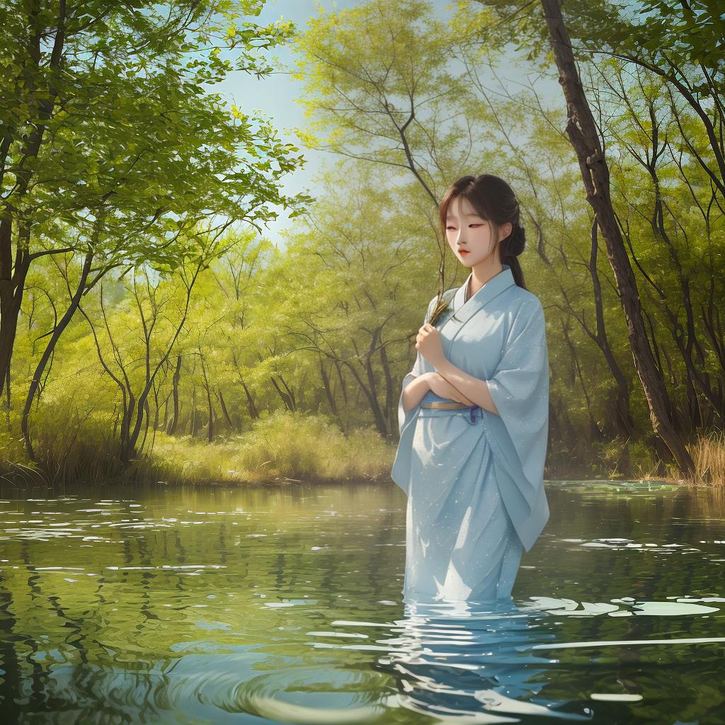  Masterpiece, best quality, in a quiet and mysterious environment, a Korean is depicted dressed only in the surrounding air, her open in an elegant posture. Her skin looks moist and bright, with water droplets attached to her body. The environment is a quiet lake, with soft ripples of water reflecting the surrounding trees and sky. The atmosphere is quiet and introspective. The work is presented in a painterly style, with soft strokes and dreamy quality. The light is naturally soft, casting a warm golden glow on the scene. The realization of this image involves using a high-resolution camera to capture the complex details and textures of the subject.