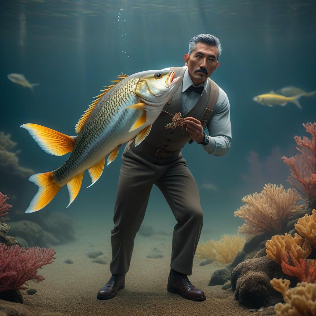  fish with a man hyperrealistic, full body, detailed clothing, highly detailed, cinematic lighting, stunningly beautiful, intricate, sharp focus, f/1. 8, 85mm, (centered image composition), (professionally color graded), ((bright soft diffused light)), volumetric fog, trending on instagram, trending on tumblr, HDR 4K, 8K