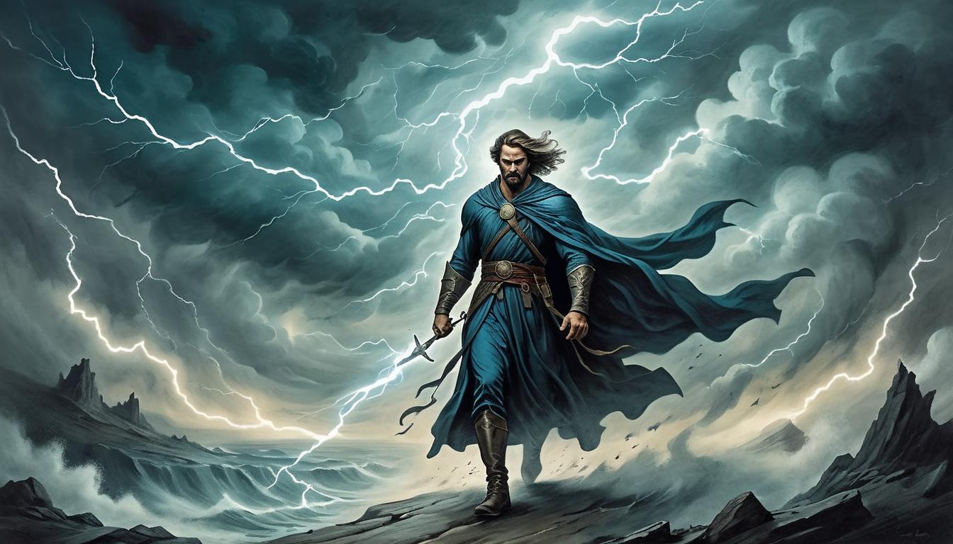  on parchment, surrealism+++, a strong, defiant figure, walking through an ethereal storm, wind whipping around, determined gaze, lightning illuminating the path, symbolizing unwavering strength, resilience(mysterious, provocative, symbolic,muted color)+++