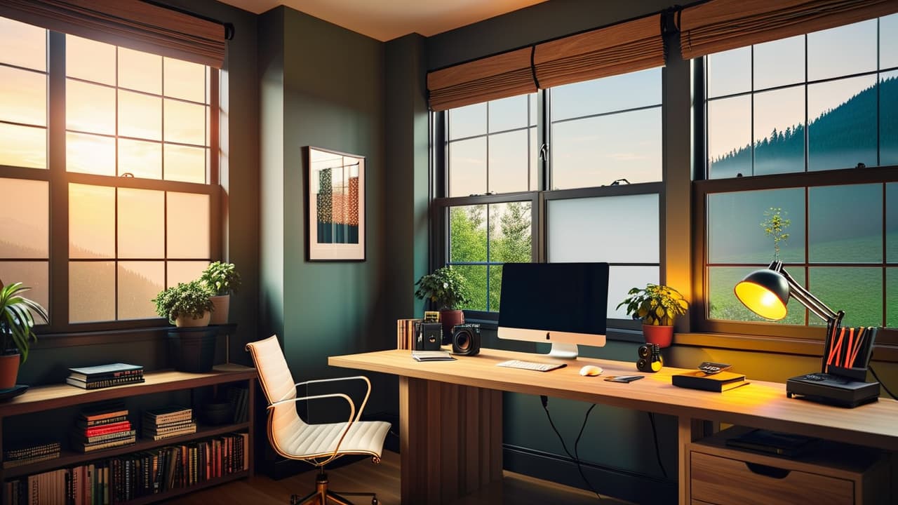  a cozy home office with modern smart lighting features, showcasing adjustable led strips along shelves, a sleek desk lamp with warm light, and natural sunlight streaming through a large window, enhancing focus and productivity. hyperrealistic, full body, detailed clothing, highly detailed, cinematic lighting, stunningly beautiful, intricate, sharp focus, f/1. 8, 85mm, (centered image composition), (professionally color graded), ((bright soft diffused light)), volumetric fog, trending on instagram, trending on tumblr, HDR 4K, 8K