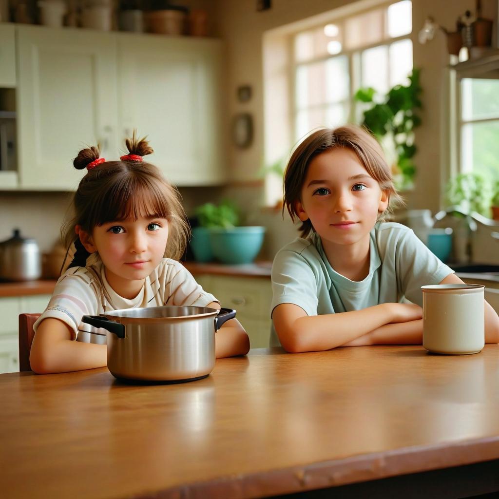  cinematic photo realistic photo. boy and girl. kitchen table. rite. pot. . 35mm photograph, film, bokeh, professional, 4k, highly detailed, perfecteyes, film photography style