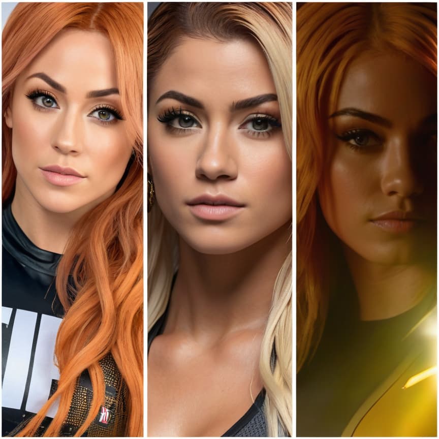  wwe becky lynch has orange hair and ufc paige vanzant has blonde hair and yellow dino ranger kira ford, dark brown hair photo realistic, highly intricate and detailed, masterpiece, ultra high res,photography,8k resolution