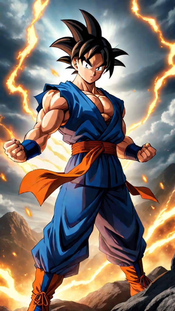  anime art: goku mastering ki energy, evolving from low class warrior to universe's strongest fighter. hyperrealistic, full body, detailed clothing, highly detailed, cinematic lighting, stunningly beautiful, intricate, sharp focus, f/1. 8, 85mm, (centered image composition), (professionally color graded), ((bright soft diffused light)), volumetric fog, trending on instagram, trending on tumblr, HDR 4K, 8K