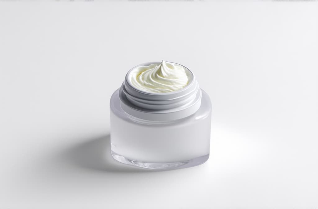  white background cosmetics jar with white cream with lid on the side of the jar photo ar 3:2 {prompt}, maximum details