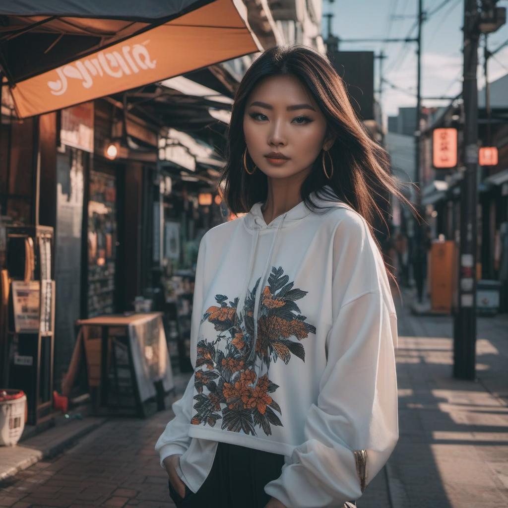  asian model in ambient lighting and street clothing , mystical style