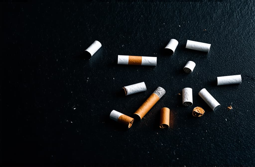  professional detailed photography, quitting smoking, broken cigarettes on a dark background ar 3:2, (muted colors, dim colors, soothing tones), (vsco:0.3)