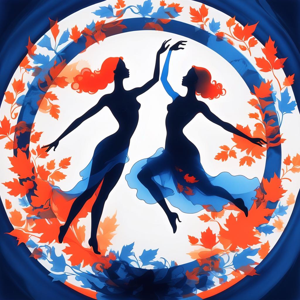  silhouette style (drawing in red, blue and orange ink, double exposure:1.4). in the center of the circle is the silhouette of a dancing couple. flying maple leaves. (crystal, flowing silk:1.3). ornate, romantic, elegant, refined. rococo style. high detail, high grace and precision of execution. . high contrast, minimalistic, black and white, stark, dramatic, glowneon