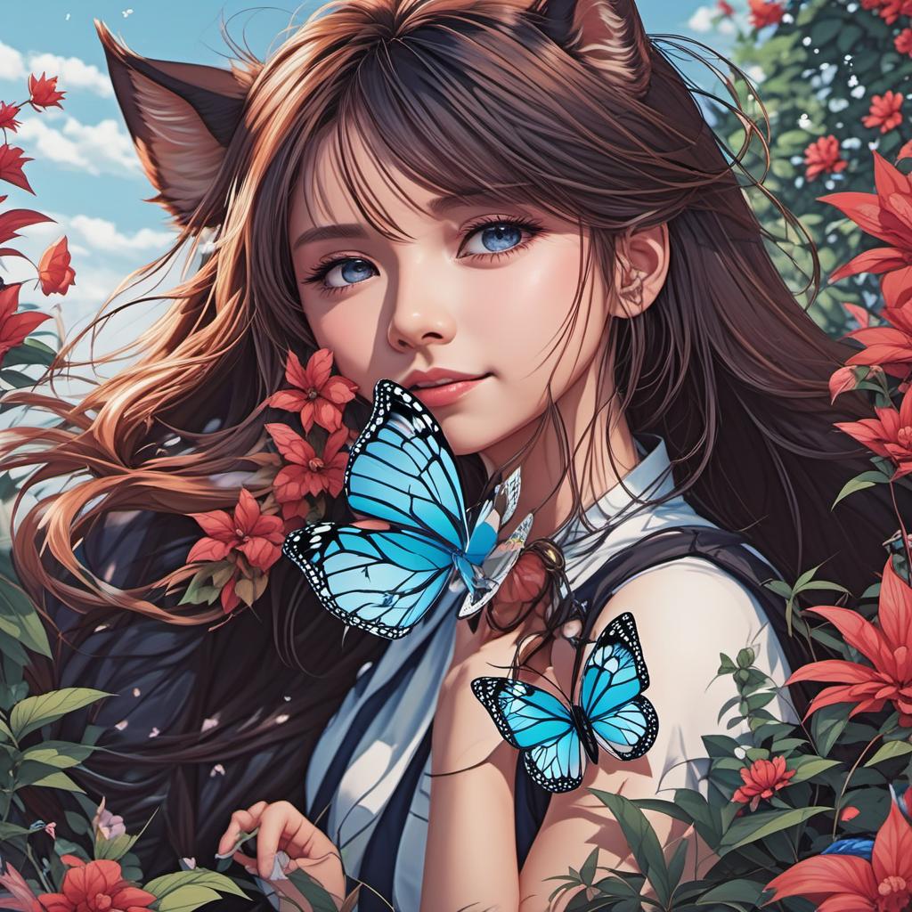  blue butterfly and a red fox as anime girls, anime style, manga style, manhwa style