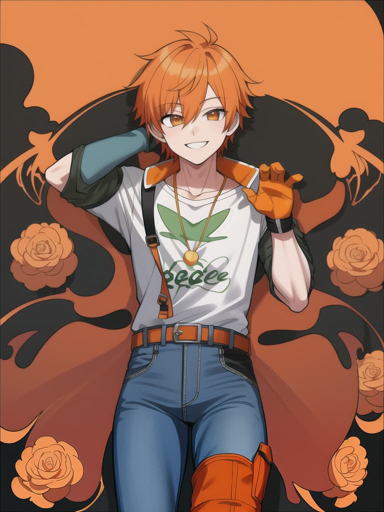  Boys, orange hair, Genki, Peace, Parker, Jeans, Poses, Peace, Smile, masterpiece, best quality,8k,ultra detailed,high resolution,an extremely delicate and beautiful,hyper detail