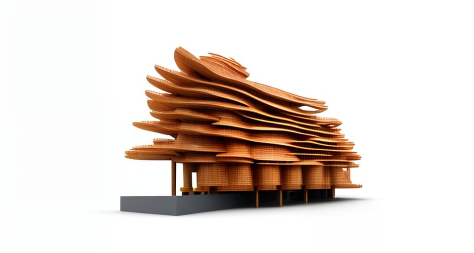 mdjrny-v4 style architecture, high quality, exterior perspective, 10 story mixed wood and steel office building, building floating at sea, frank o'gehry