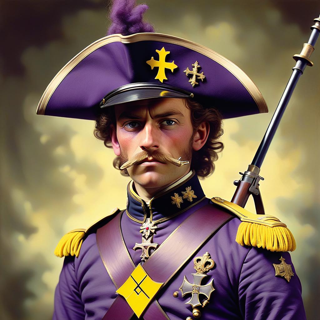  an ancient portrait of a military musketeer from the 1880s. purple uniform with yellow elements, yellow german cross on his chest and musket hanging from behind on his back.