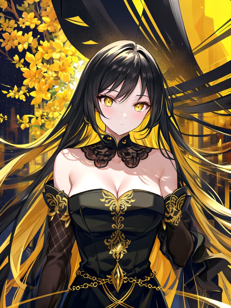  Golden yellow and sleek black color palette, captivating and inviting expression, exuding elegance and charm, magnetic beauty, intricate details, high contrast, luxurious feel, digital art, female, glossy finish, striking composition, dynamic lighting to enhance features.