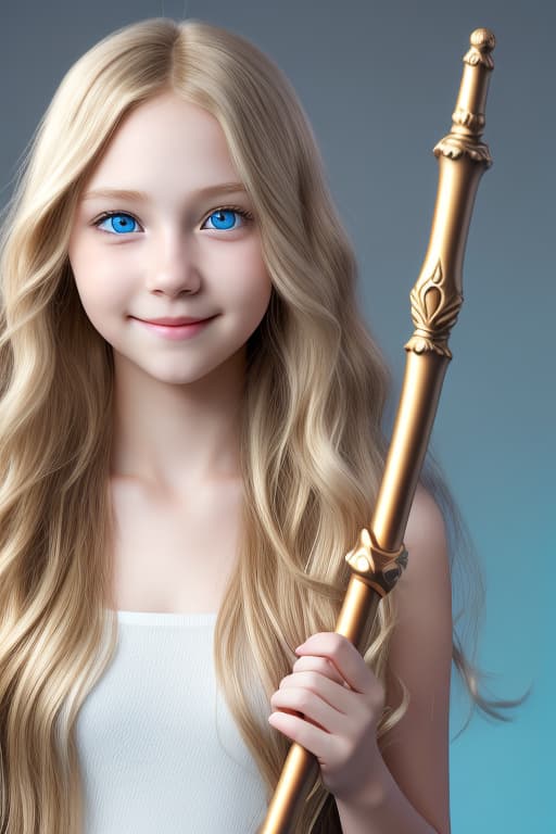  cute modern young adukt girl long wavy blonde hair blue eyes shy smile white skin holding a bronze sceptre epic background