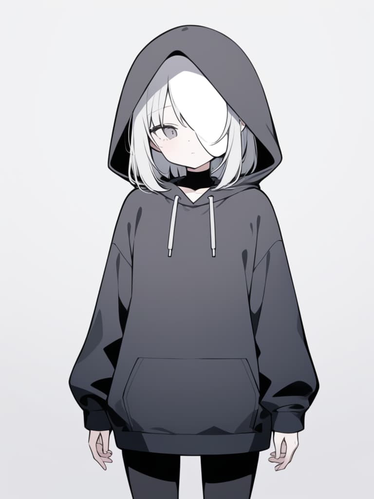  a minimalist digital illustration of a character wearing a plain,oversized black hoodie with the hood up,creating a mysterious and low key atmosphere.the character's face is obscured by a simple white paper mask that has two minimalistic vertical lines for eyes and a single tear running down from one eye. the mask is held in place with a small paperclip at the top. the character's overall appearance is quiet and reserved,with shoulder length hair visible beneath the hood. the background should be simple,preferably a blank or light colored space to emphasize the character's isolated and somber mood. the art style should remain sketchy and minimalistic,using mostly monochromatic tones with small accents like the tear to convey emotion.