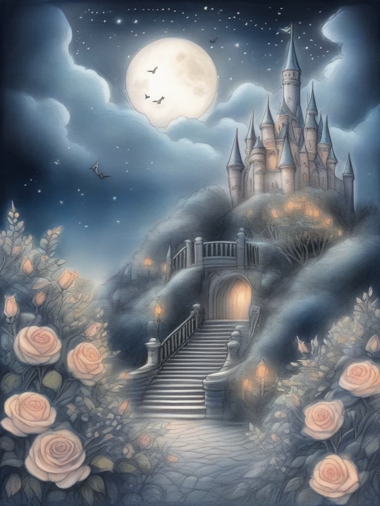  (drawing style,sketchbook drawing),midnight,night sky,full moon,castle in distance,roses,(close up: little fairies):1.5,small multiple pale lights,(colored pencil drawing giving soft impression throughout),super detailed,high resolution,absurd employed,