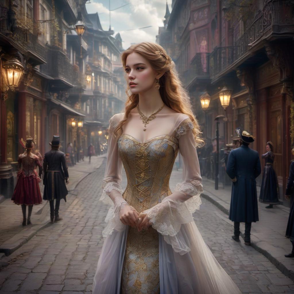  role playing game (rpg) style fantasy young aristocrat in a beautiful dress on the street in the late 19th century . detailed, vibrant, immersive, reminiscent of high fantasy rpg games, hkmagic