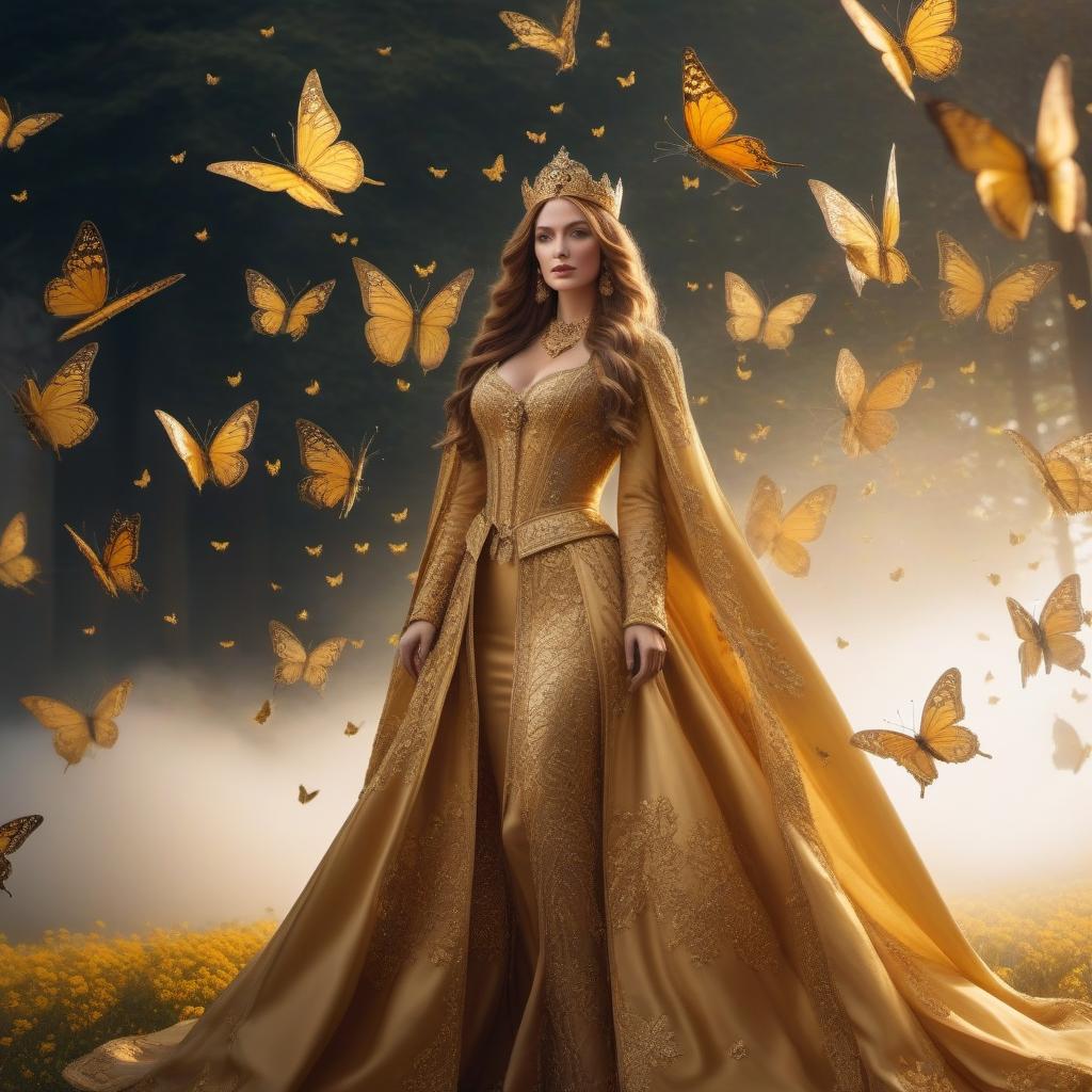  The style of the Golden Palace in Bavaria, flying butterflies, the Middle Ages. hyperrealistic, full body, detailed clothing, highly detailed, cinematic lighting, stunningly beautiful, intricate, sharp focus, f/1. 8, 85mm, (centered image composition), (professionally color graded), ((bright soft diffused light)), volumetric fog, trending on instagram, trending on tumblr, HDR 4K, 8K