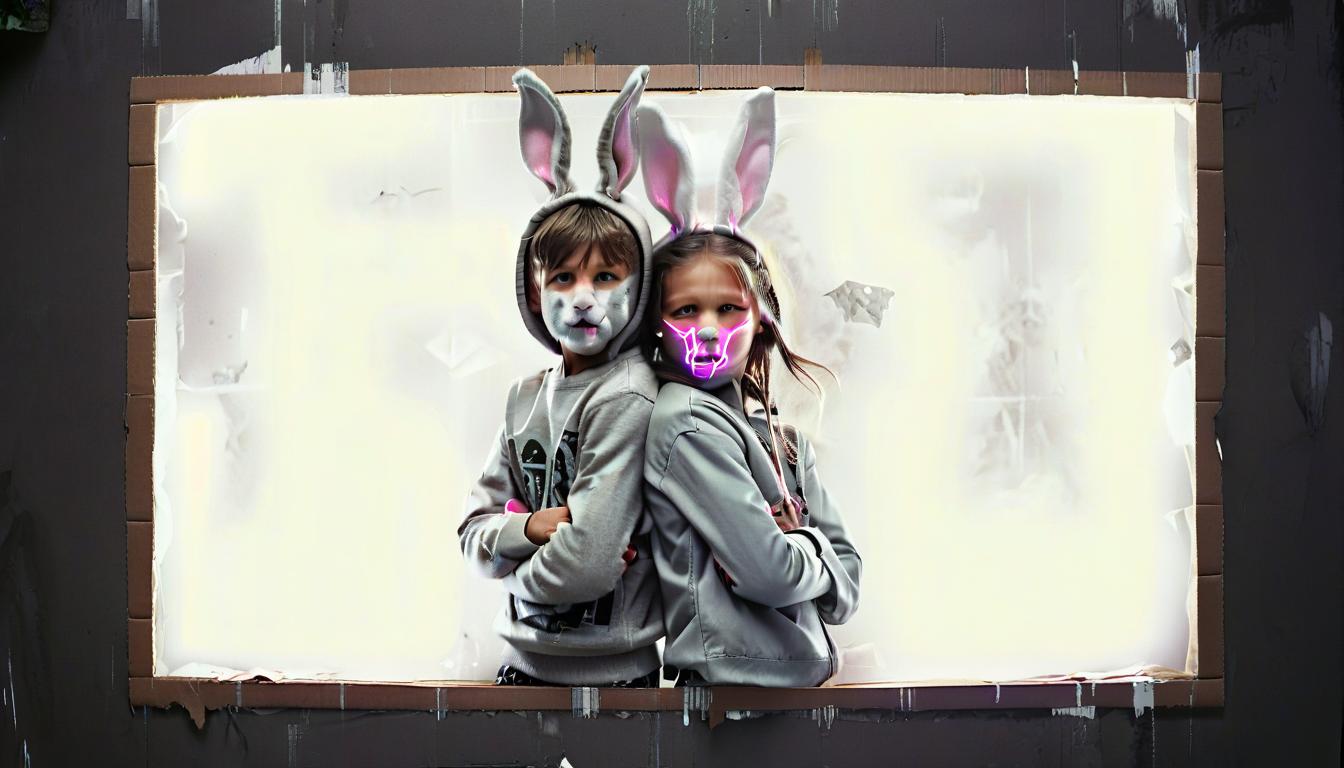  cardboard on the wall of the fury boy and girl with rabbit faces gray background in clothes dressed in gray clothes, film photography style, glowneon, hkmagic