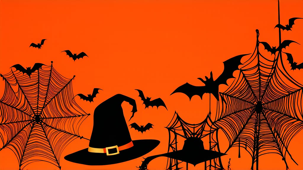  orange background with dark orange silhouettes of spider webs, witch hats, bats and other halloween attributes, mysterious mystical atmosphere ar 16:9 {prompt}, maximum details