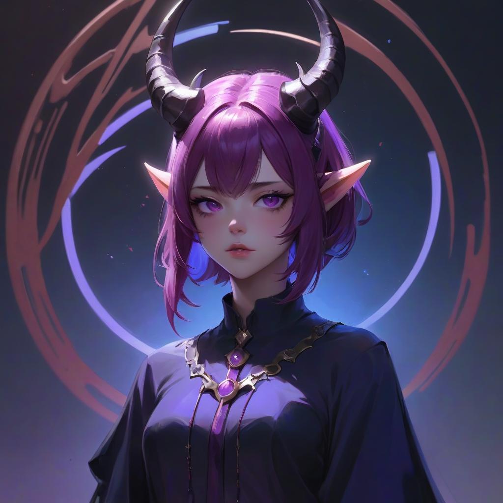  a woman with purple hair and horns on her head, a character portrait, by yang j, fantasy art, high definition anime art, yanjun chengt, noire, artwork in the style of guweiz