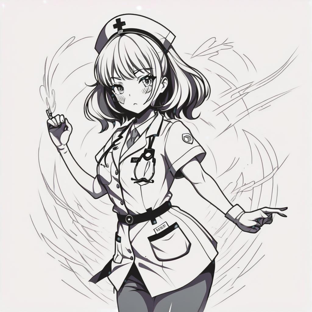  line art drawing nurse girl, fighting theme, same nightmare. anime style . professional, sleek, modern, minimalist, graphic, line art, vector graphics