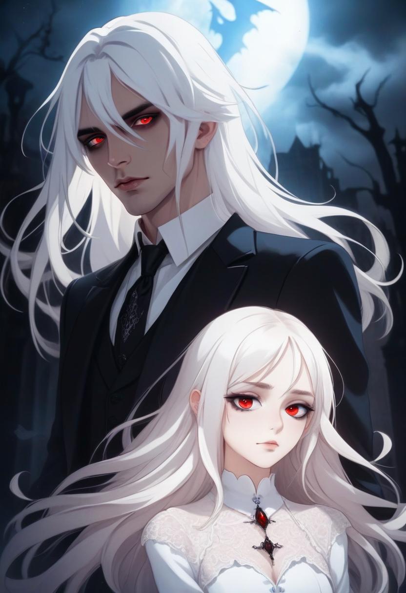  beautiful guy, with blue eyes, white long hair, in a gothic suit, with a girl, she has red hair and brown eyes, she is in a gothic dress. background fantasy vampire style of dark tones