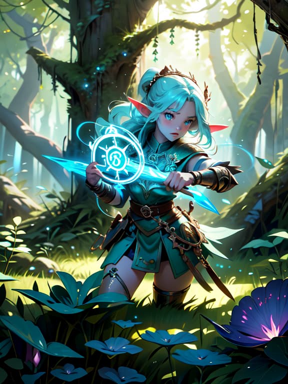  master piece, best quality, ultra detailed, highres, 4k.8k, elf warrior, exploring ancient ruins,, focused, break mystical adventure in the enchanted forest, enchanted forest, ancient artifacts, glowing mushrooms, enchanted flora, mysterious runes, break magical and mysterious, subtle shimmering light, mystical aura around the ruins, chronomancyai