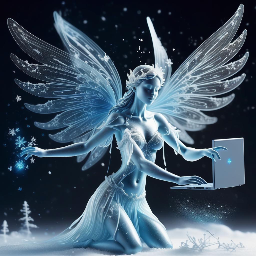  line art drawing highly detailed translucent snow fairy with wings of snow (holding a computer video card:1.3), blizzard appear from the pages of a fairy tale book, translucent snow blizzard magic snow fairy reaching out of a 3d sculptured book; the souls escaping from book, motion blur action side profile shot of spirit tepping out of book, astrodimensional iridescent spirit of the light, disintegrating into starlight and holographic particulate trails of wispy snow by alberto seveso by giger liquid snow effects in wind :: wind blowing left 3d shading; pulsing with an inner light; clear and sparkling, smooth, flowing, shimmer; 16k resolution, hyperdetailed, intricate beautiful details . professional, sleek, modern, minimalist, graphic, lin