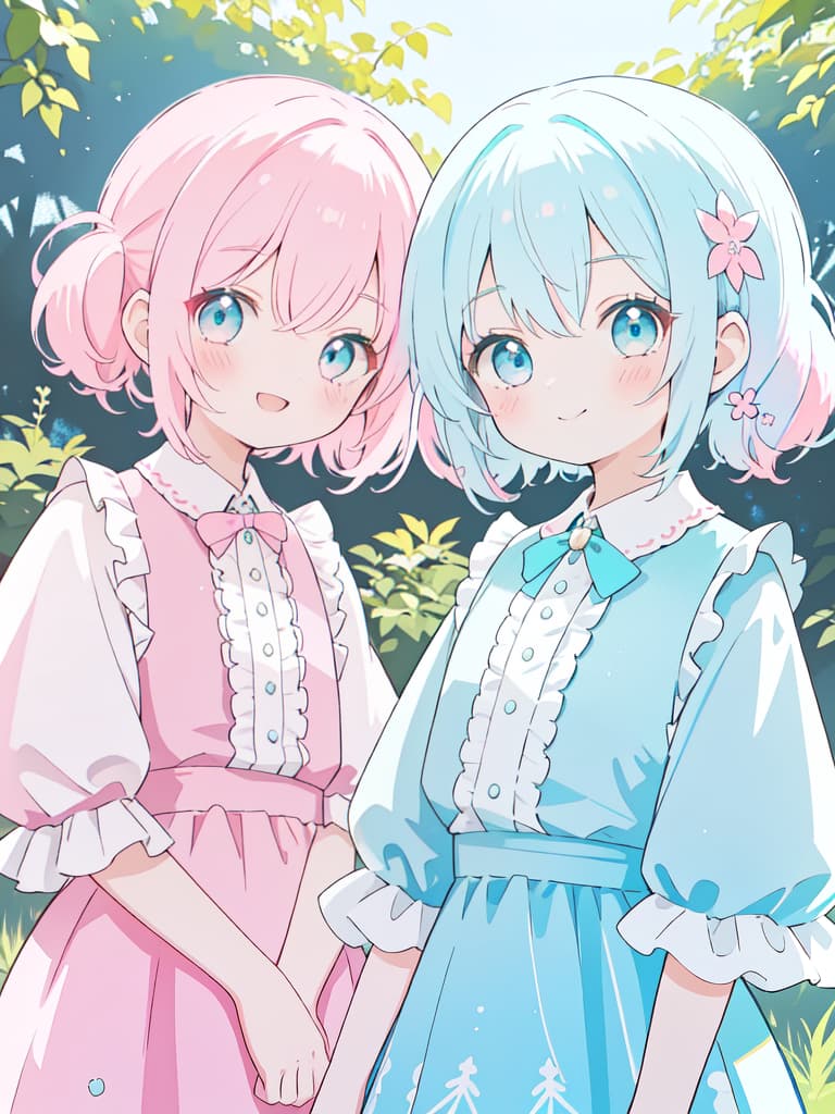  twin, two girls, lined up, light blue hair, pink hair, smile, short hair and twin tails, masterpiece, best quality,8k,ultra detailed,high resolution,an extremely delicate and beautiful,hyper detail