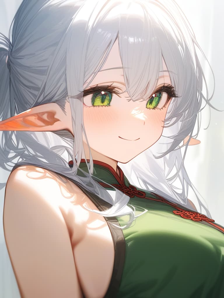  white hair, elf ear, small girl, green eyes, smiles, chepao, masterpiece, best quality,8k,ultra detailed,high resolution,an extremely delicate and beautiful,hyper detail