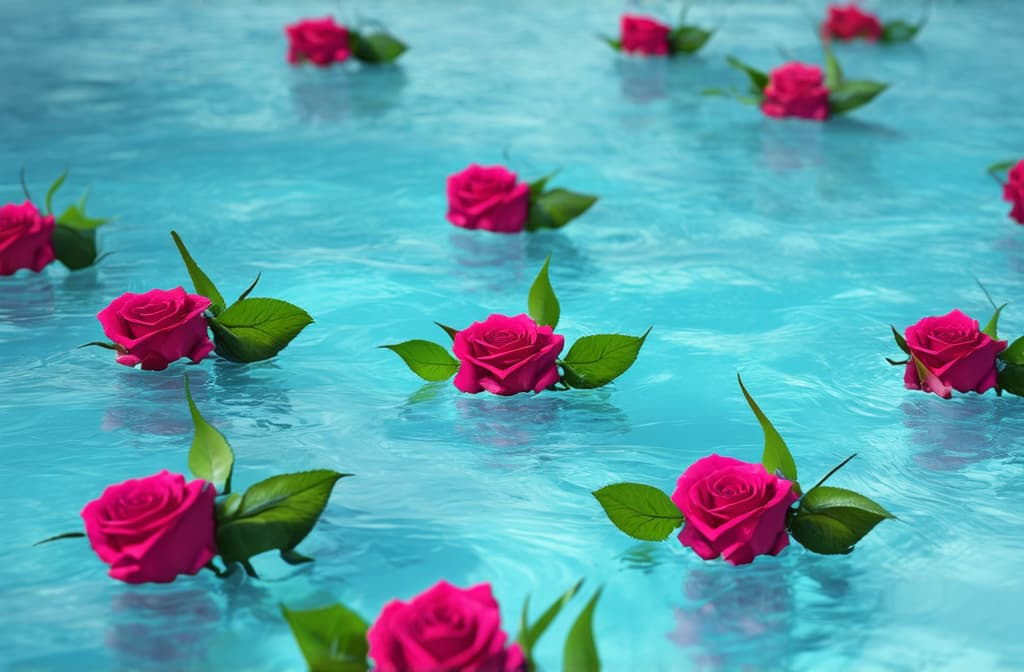  epic realistic, hyperdetailed, (cycles render:1.3), caustics, (glossy:0.58), (artstation:0.82),view from above, macro view of (many roses) on light blue water, light image