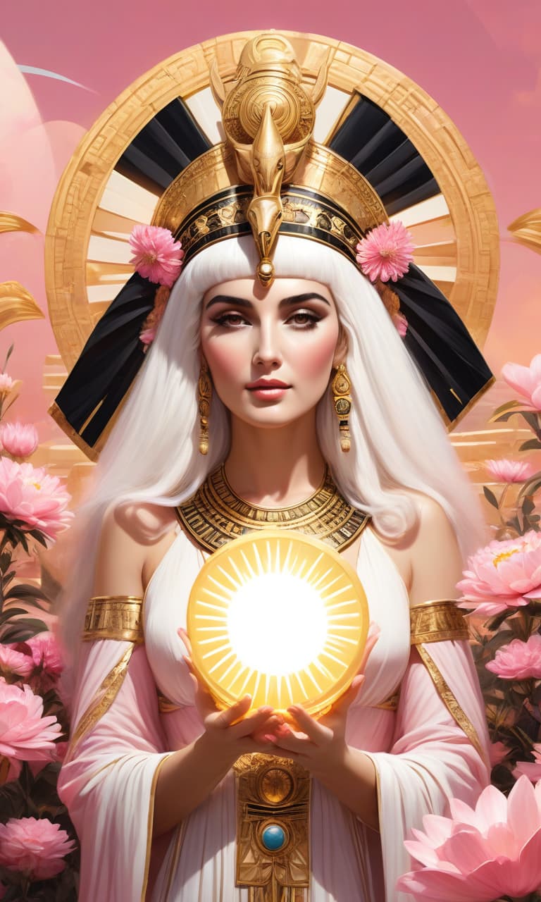  concept art pink, black, white, gold cleopatra holds the sun in her hands hair lots of flowers sunshine . digital artwork, illustrative, painterly, matte painting, highly detailed, perfect hands