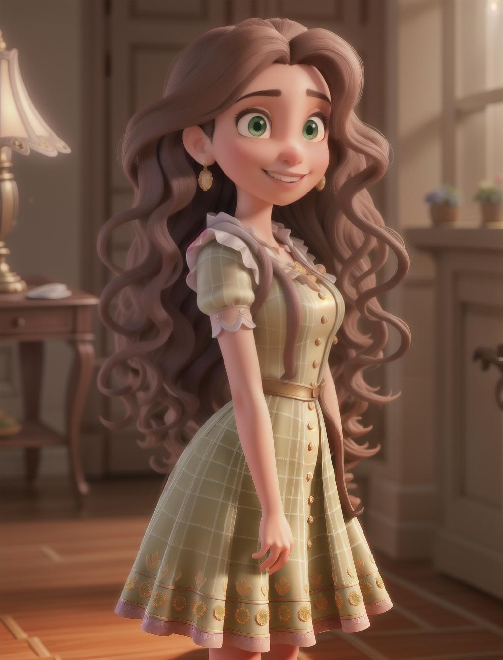  Encanto, Disney, Mirabel Madrigal twin sister, Long curly hair, big brown eyes. Pixar hyperrealistic, full body, detailed clothing, highly detailed, cinematic lighting, stunningly beautiful, intricate, sharp focus, f/1. 8, 85mm, (centered image composition), (professionally color graded), ((bright soft diffused light)), volumetric fog, trending on instagram, trending on tumblr, HDR 4K, 8K