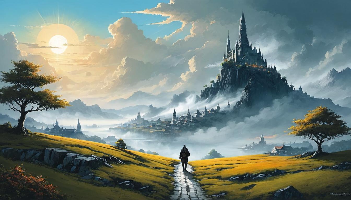  （surrealism)a serene landscape with a peaceful figure walking calmly, others rushing behind, modern dynamic city in background, sense of personal peace, tranquil progress amid chaos mystic, intricate details, best quality)