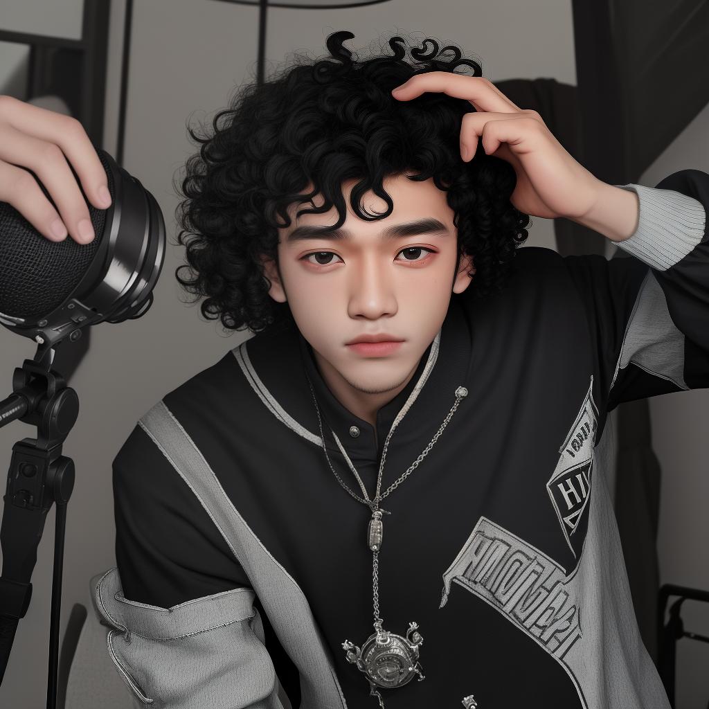  masterpiece, best quality, a boy of 20 years with black hears and curly with black eyes. He is a singer with short hear and on the front a little bit long.