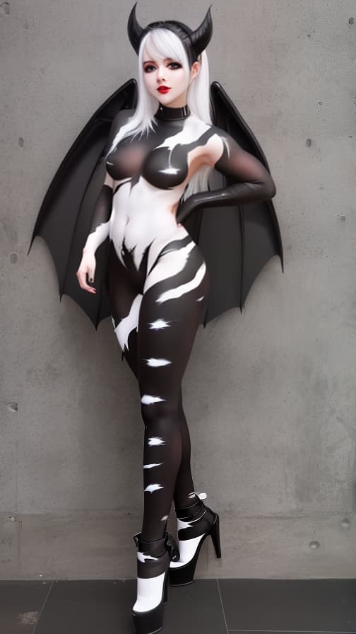  White and Blark flame pattern body paint in every corner of the whole body, BLACK body paint full body, grey face paint on the face, succubus sisters, full body image girl