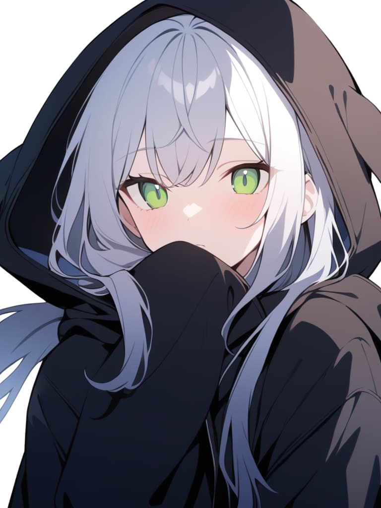  (tilt the neck: 1.3), (thinking: 1.2), best quality, masterpiece, gradation hair, white hair, blue hair, green eyes, close up, from front, black parka parka