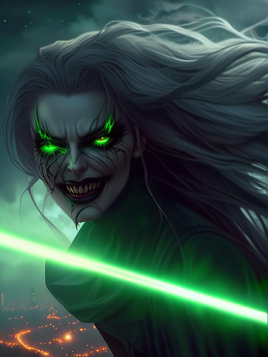  best quality, hd, hauntingly beautiful yet extremely terrifying female cosmic horror entity with glowing green eyes, pale white skin, long white hair, and an extremely wide evil smile with the skin of her cheeks ripped from the corner of the lip up the cheek and torn with very long fanged teeth with a cosmic background remove green line from picture hyperrealistic, full body, detailed clothing, highly detailed, cinematic lighting, stunningly beautiful, intricate, sharp focus, f/1. 8, 85mm, (centered image composition), (professionally color graded), ((bright soft diffused light)), volumetric fog, trending on instagram, trending on tumblr, HDR 4K, 8K