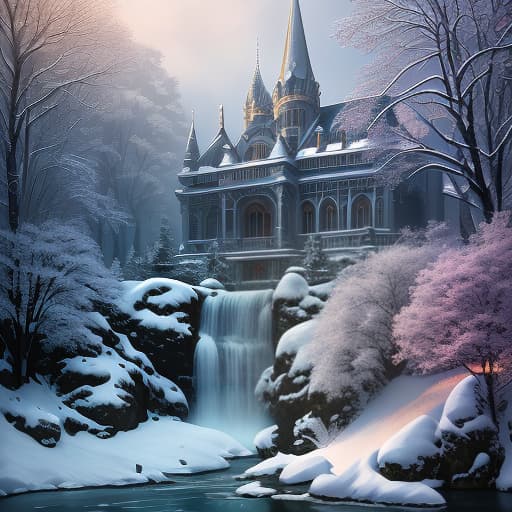  a winter fantasy landscape with a palace in the victorian architectural style, located on the banks of a river with cascades of small waterfalls, painted in bright atmospheric lighting, vintage aesthetics, flower beds, demonstrates elegance, vivacity and elements of fiction, photorealistic, cartoon drawing, watercolor painting hyperrealistic, full body, detailed clothing, highly detailed, cinematic lighting, stunningly beautiful, intricate, sharp focus, f/1. 8, 85mm, (centered image composition), (professionally color graded), ((bright soft diffused light)), volumetric fog, trending on instagram, trending on tumblr, HDR 4K, 8K