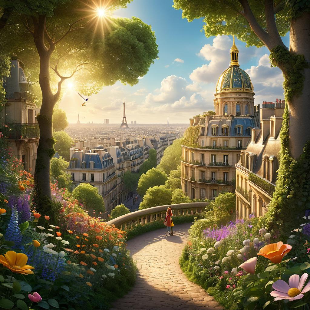  in 3d animated movie style. disney pixar style. "paris, a old with an energetic personality, and skip, a wise character, are in a magical forest clearing. the setting features vint flowers, towering trees, and golden sunlight. the high resolution 3d ilration captures the whimsical essence with rich greens and soft, dappled sunlight creating a warm, magical feel. the scene is from a slightly elevated bird's eye view, focusing on paris and skip in the foreground, enhancing the storytelling in the enchanting forest."