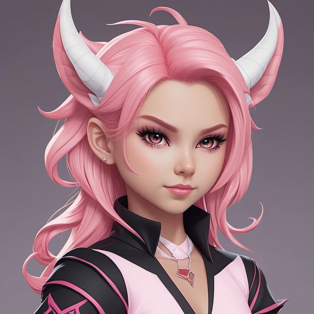  a cute animated drawing succubus with pink skin, short horns, pointed ears, pink hair, pink eyes and a long demon tail, profile image style