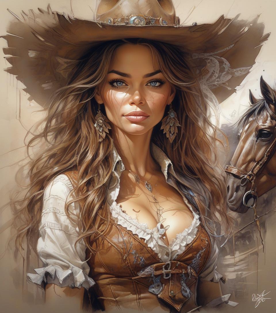  cowgirl sofia vergara, beautiful eyes, epic, fantasy, intricate details, hyper detailed, jean baptiste monge, carne griffiths, michael garmash, seb mckinnon, masterpiec