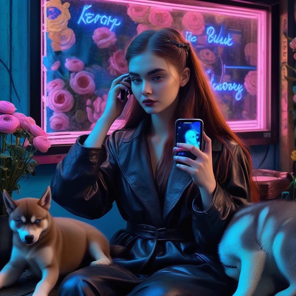  neon noir lady lilith by rossetti is brushing her hair, holding a smartphone in her hand. next to her sits a husky dog, with blue and brown ranunculus flowers in the background, evoking the pre raphaelites . cyberpunk, dark, rainy streets, neon signs, high contrast, low light, vibrant, highly detailed, hkmagic