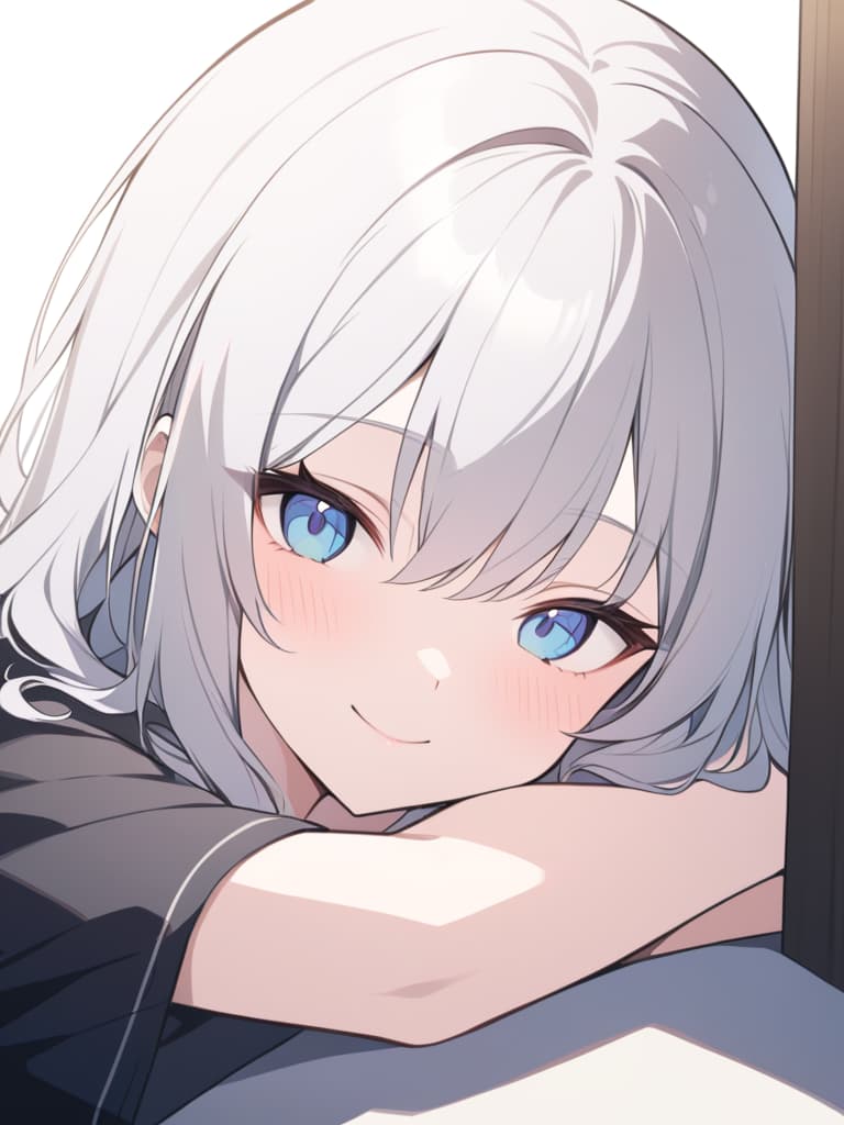  masterpiece,one girl,delicate white hair color,long fluffy hair,delicate blue eye color,kind eyes,smiling,looking at the viewer,tilting head,peeking,face close up,high quality,16k