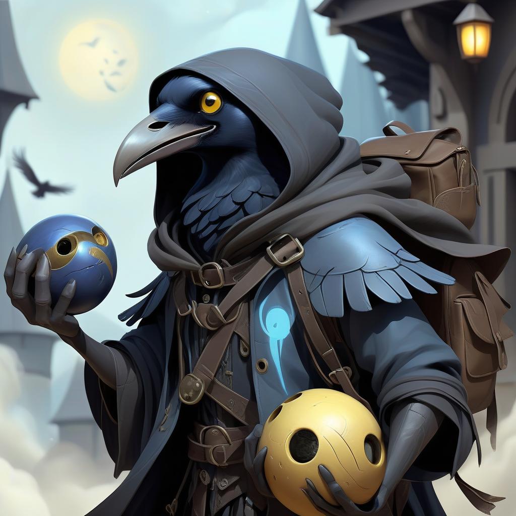  ethereal fantasy concept art of black with blue tint avian humanoid race with raven head alchemist, cape, mischievous yellow eyes, smiling, rags and leather cloak with lots of pockets, big backpack with pockets, black bowling ball in hand . magnificent, celestial, ethereal, painterly, epic, majestic, magical, fantasy art, cover art, dreamy, hkmagic