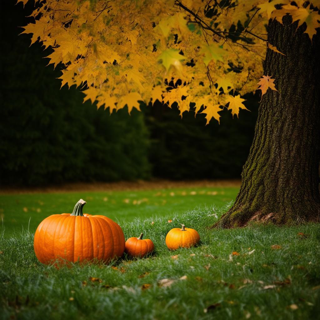  professional detailed photography, create an autumn forest, in the background green foliage in a blur, in the foreground a maple with yellow foliage, there is one orange pumpkin under the tree, next to this pumpkin there are two more small orange pumpkins, (muted colors, dim colors, soothing tones), (vsco:0.3)