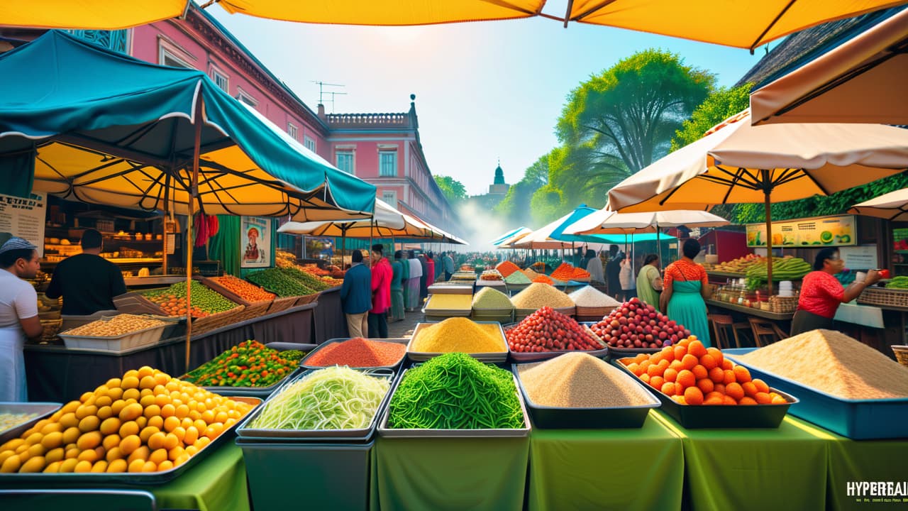  a vibrant market scene filled with colorful street food stalls, diverse travelers enjoying local cuisine, lush green landscapes in the background, and budget friendly accommodations, all under a bright blue sky. hyperrealistic, full body, detailed clothing, highly detailed, cinematic lighting, stunningly beautiful, intricate, sharp focus, f/1. 8, 85mm, (centered image composition), (professionally color graded), ((bright soft diffused light)), volumetric fog, trending on instagram, trending on tumblr, HDR 4K, 8K